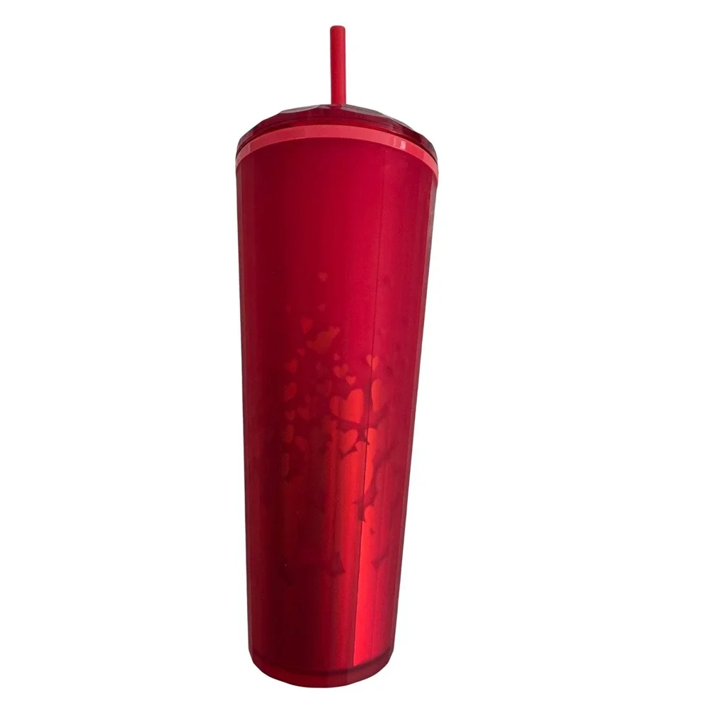 Starbucks Ruby Red Hearts Venti 24oz Cold Cup Tumbler with Faceted Lid and Straw